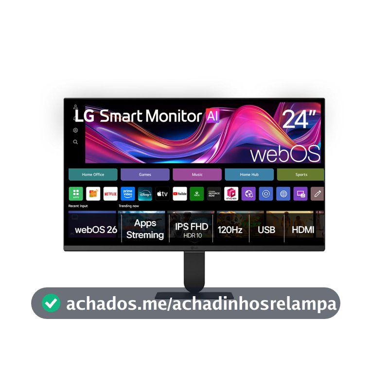 Monitor LG Smart, Tela IPS de 24”, FHD, WebOS 26, HDR10, ThinQ, Wi-fi, AirPlay, Bluetooth, 5ms (GtG), 120Hz, 2X USB, 2X HDMI, Preto- 24U511SB