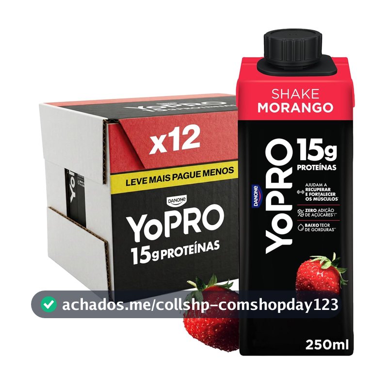 YoPRO Bebida Láctea UHT Morango – 15g de Proteínas, Líquido, Caixinha Tetra Pak 250ml (Pack com 12 unidades)