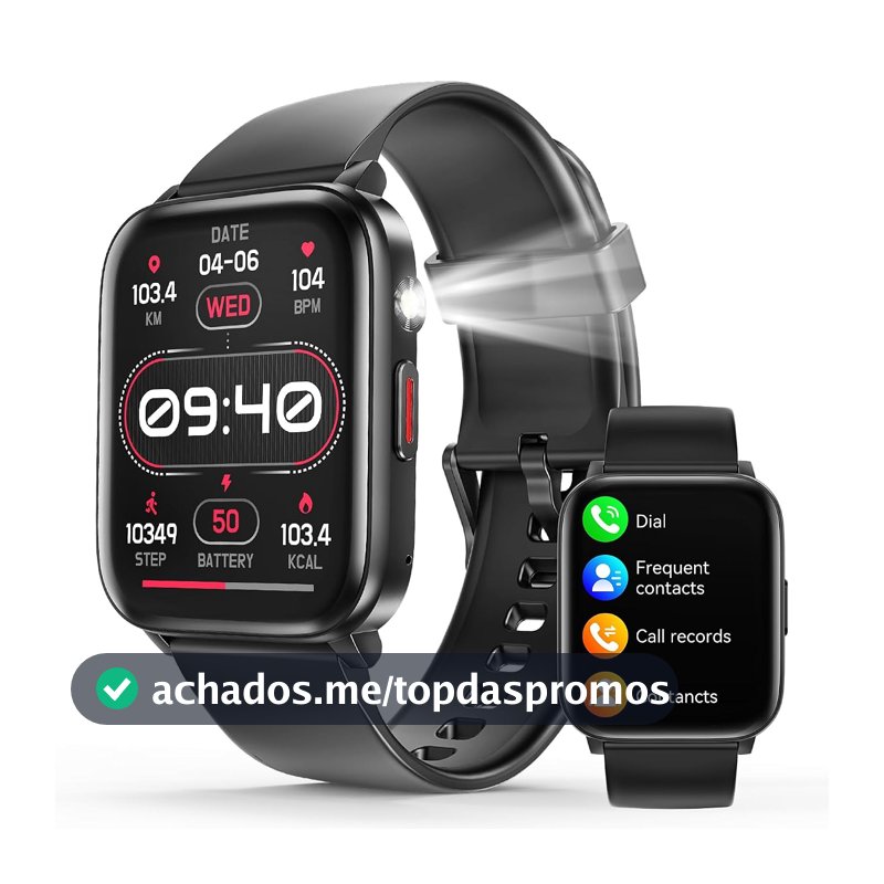 Smartwatch com Tela Sensível ao Toque 1,83", Bluetooth 5.2, Resistente à Água IP68, Bateria 240mAh, Preto