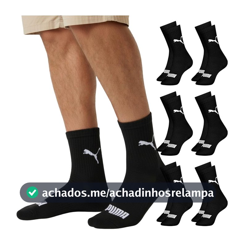 Kit 6 Pares Meia Cano Médio Alto Atoalhada Esportiva Algodão Masculina Feminina Unissex Adulto Academia Dia a Dia Puma