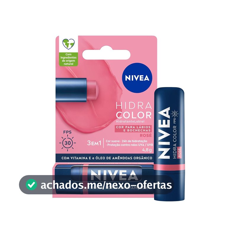 NIVEA Hidratante Labial Hidra Color 3 em 1 Rosé 4,8g, Cor Intensa, Hidratação 24h, Proteção UVA/UVB, Lábios e Bochechas