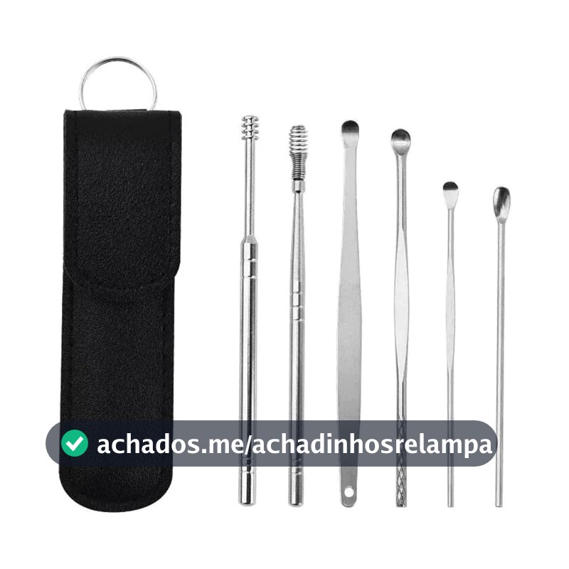 Kit de Limpeza Auricular em Aço Inoxidável com Estojo 6 Pontas Removíveis para Higiene Pessoal Portátil para Viagens (Preto-1PCS)