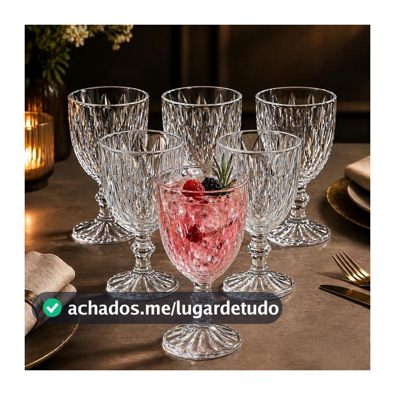 Jogo 6 Taças Vidro Diamond 315ml Elegante Resistente Água Suco Refrigerante