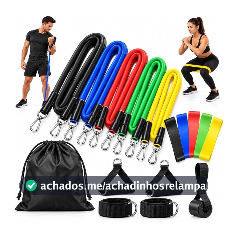 Kit 17 Peças Extensores Elásticos + Minibands, Exercícios Funcionais, Academia, Treino em Casa, Musculação, Treino Funcional, Yoga, Calistenia, Pilates e Alongamento, Pegadores e Âncora de Porta
