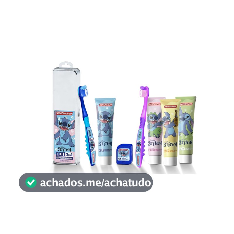 Kit Infantil Dentalclean Stitch Gel 50g com Flúor + Escova Macia + Fio 20m + Estojo