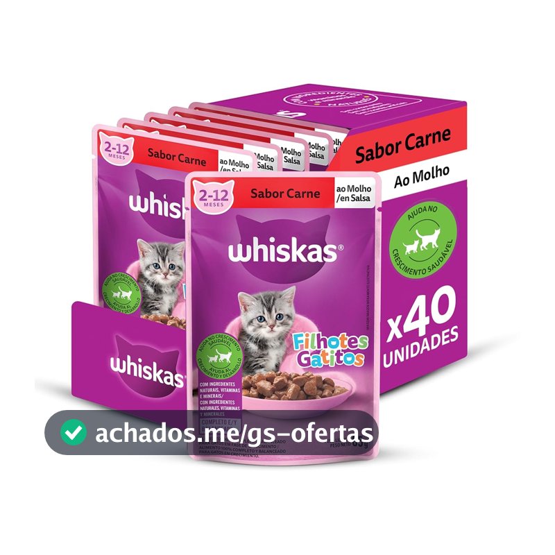 Pack Ração Úmida Whiskas Sachê Carne ao Molho para Gatos Filhotes 85 g - 40 unidades