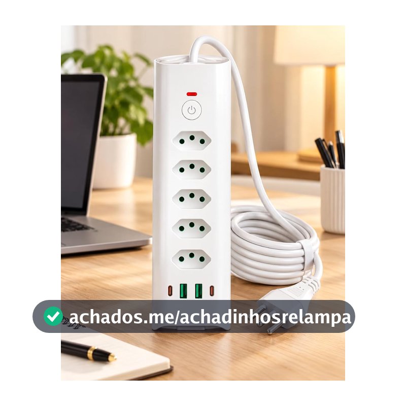 Extensão Elétrica 5 Tomadas, 2 USB-A e 2 USB-C, Filtro de Linha, 3 Pinos 10A e 20A, 2 Metros, Interruptor Liga e Desliga com Indicador LED, Proteção Contra Sobrecarga, Bivolt, Branca