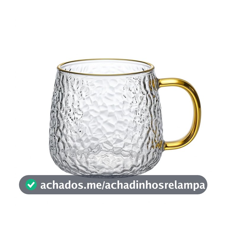 Xícara de Vidro Borosilicato 420ml com Alça Dourada – Caneca de Vidro Texturizado em Diamante para Café ou Chá, Resistente ao Calor, Transparente, Estilo Moderno