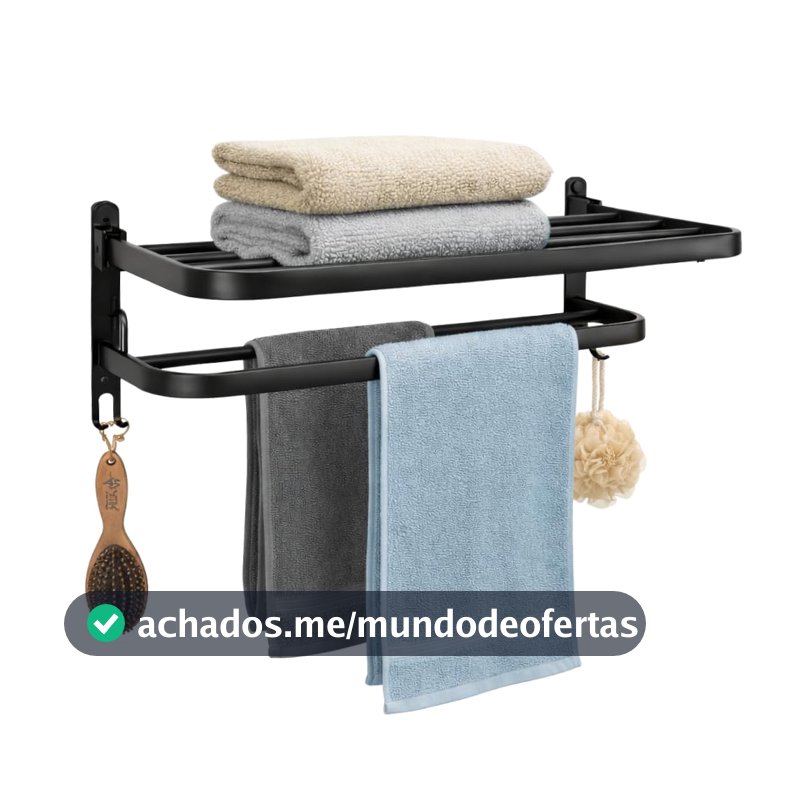 Toalheiro Duplo de Parede com Prateleira 46cm, Metal Preto Fosco