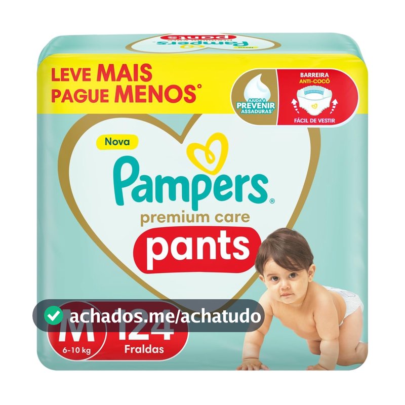 Fralda Pampers Premium Care Pants Tamanho M, Fácil de Vestir, 124 Unidades
