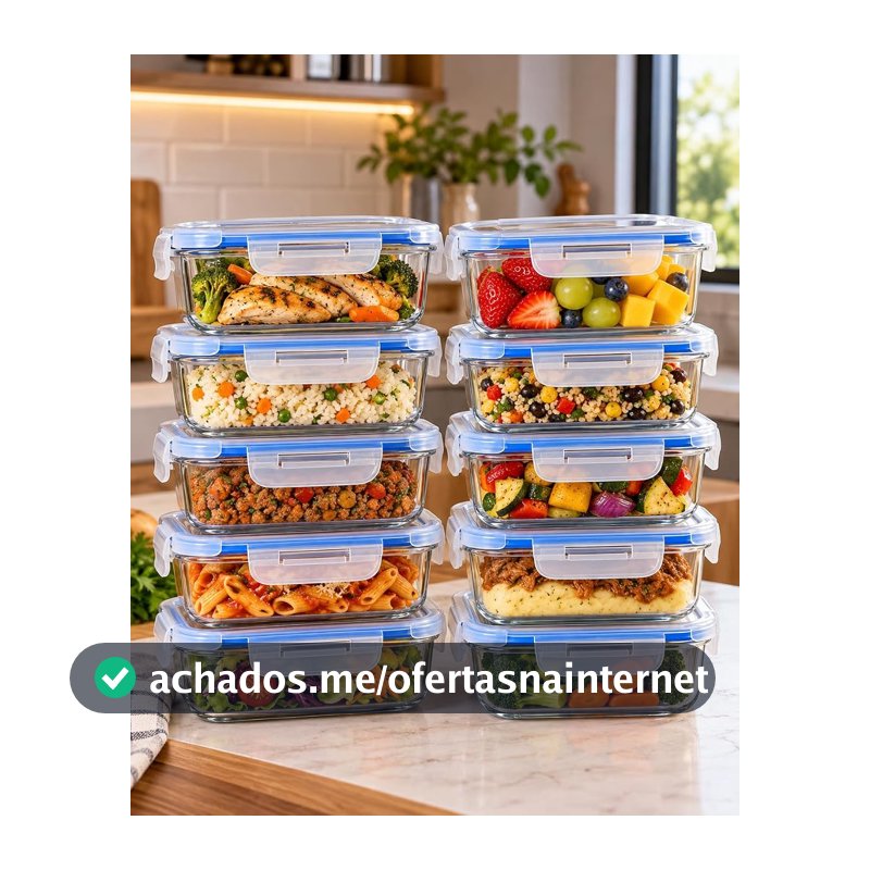 Kit 10 Potes Herméticos de Vidro 640ml com Tampa 4 Travas e Anel de Vedação, Potes para Alimentos, Marmitas, Refeições e Organização de Geladeira