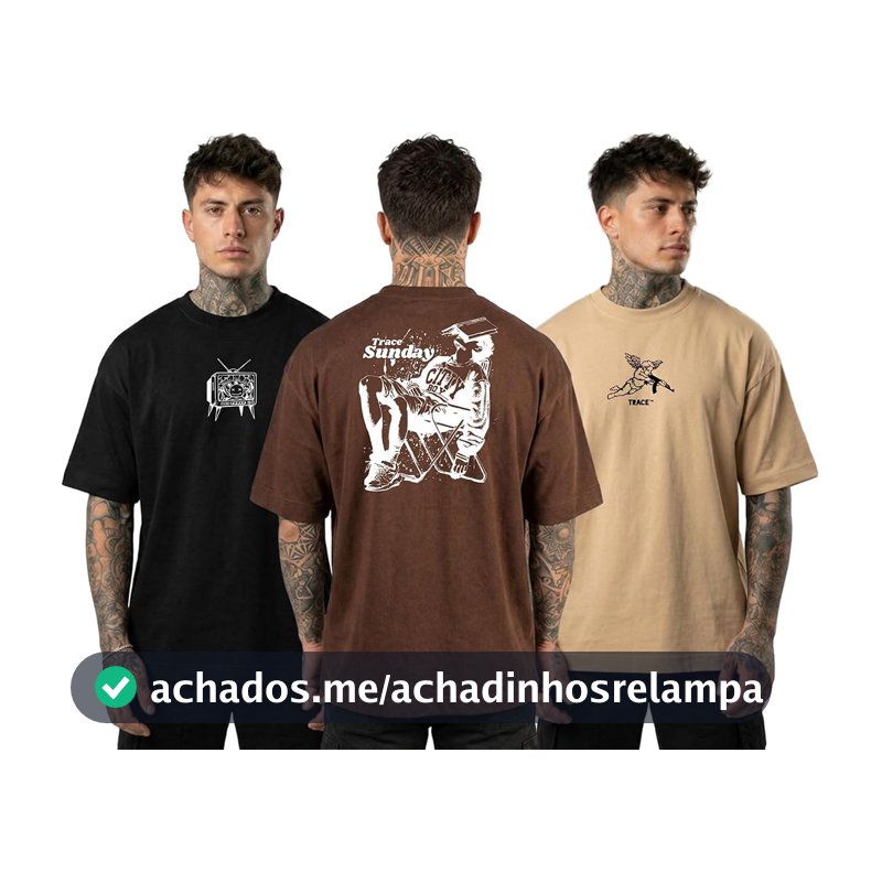 Kit 3 Camiseta Oversized Masculina Streetwear Trace Black Academia Algodão REF 04