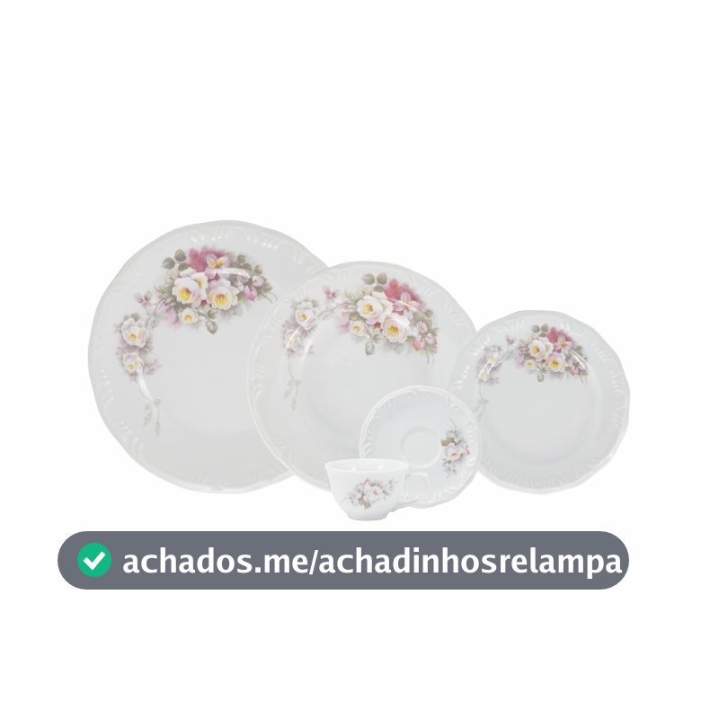 Serviço de Jantar e Café 20 Peças em Porcelana, Xícaras sem Pé, Modelo Pomerode, com Relevo, Decoração Eterna, Porcelana Schmidt