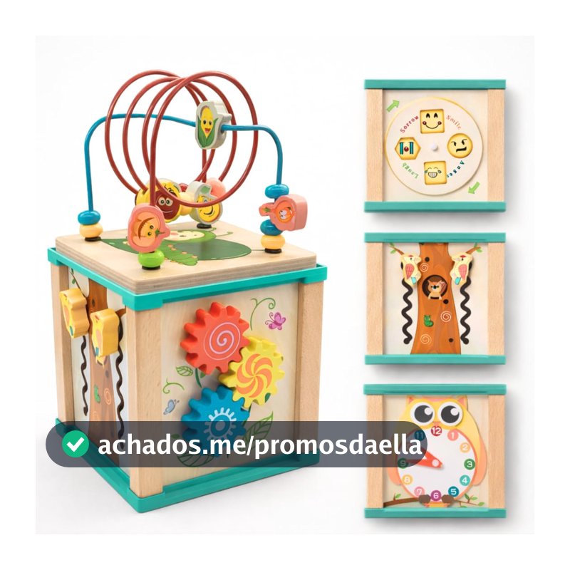 Cubo de Atividades Educativo em Madeira para Crianças – Brinquedo Sensorial Interativo com Labirinto de Contas, Engrenagens e Desafios Cognitivos
