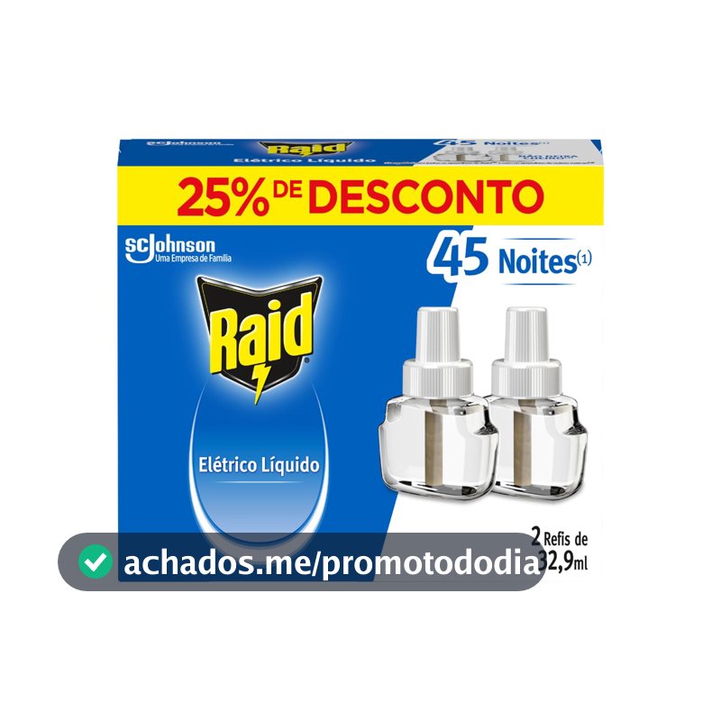 Raid Repelente Elétrico Líquido 45 Noites, 2 Refis de 32,9ml