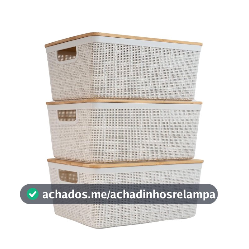Oikos - Kit 3 Caixas Organizadoras 4L com Tampa de Bambu Brancas Multiuso