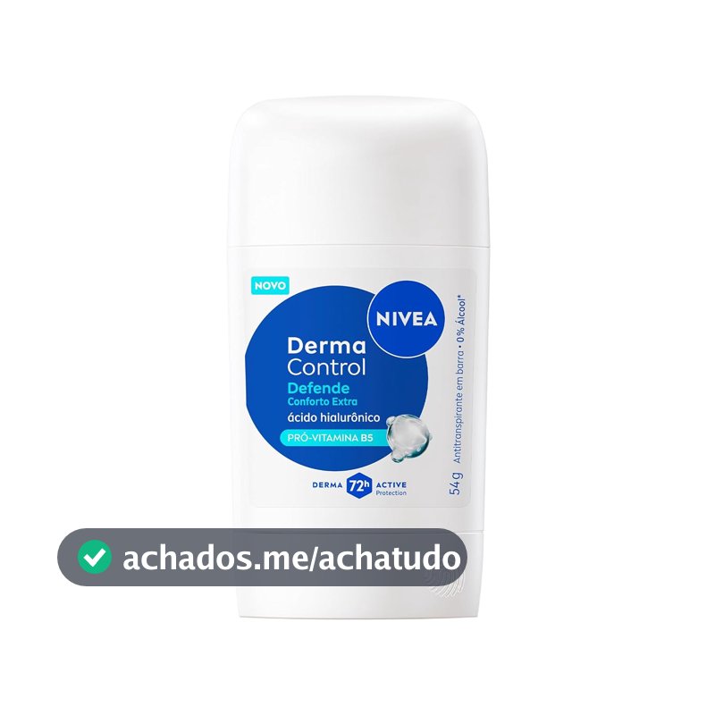 NIVEA Desodorante Antitranspirante Stick Derma Control Defende 54g, Proteção 72h, Previne Irritações, Ácido Hialurônico, Conforto Extra
