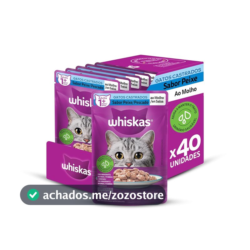 Packs de Ração Úmida Whiskas Sachê para Gatos Adultos Castrados, Peixe ao Molho, 40 Sachês de 85 g