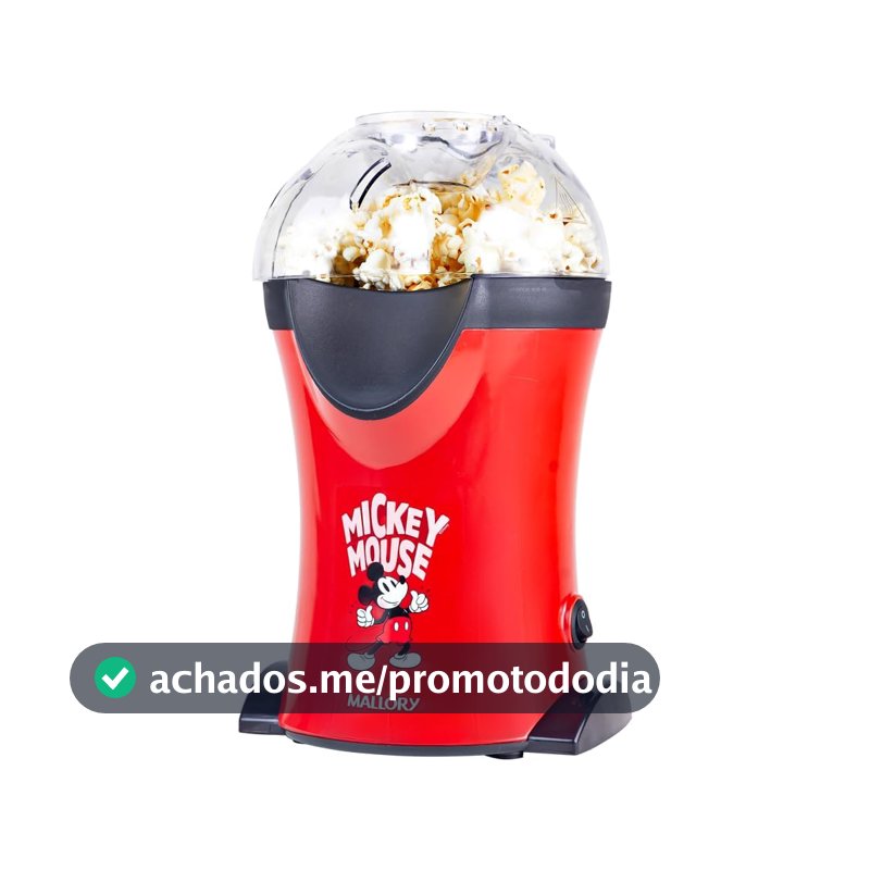 Pipoqueira Elétrica Mallory Mickey Mouse – Pipocas Sequinhas e Sem Óleo, Bocal Expedidor, Copo Medidor para Manteiga e Pés Antiderrapantes - 127V