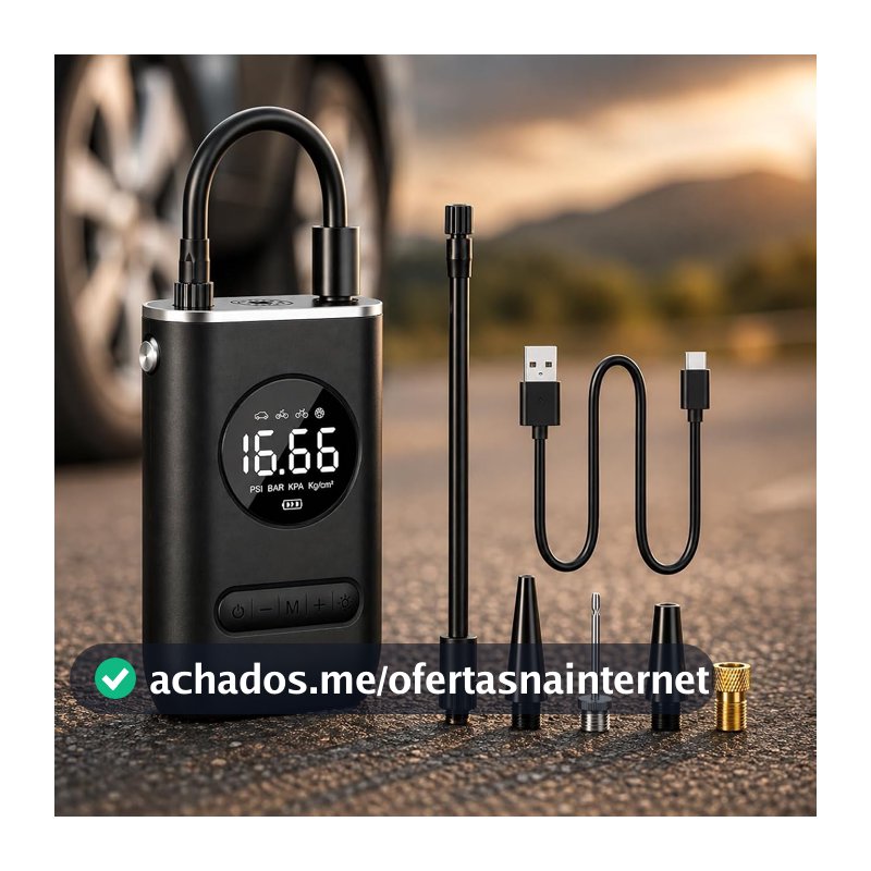 Compressor de Ar Portátil Digital com Display LCD e Lanterna LED – Mini Bomba Elétrica Recarregável para Pneus de Carro, Moto, Bike, Bola e Infláveis