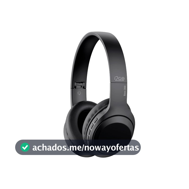 I2GO, Headphone Bass 300, Bluetooth, Microfone Integrado, Controle Multimídia, Até 10h de bateria, Tecnologia Dual Connect, Entrada cabo auxiliar P2 (incluso), Dobrável, Preto