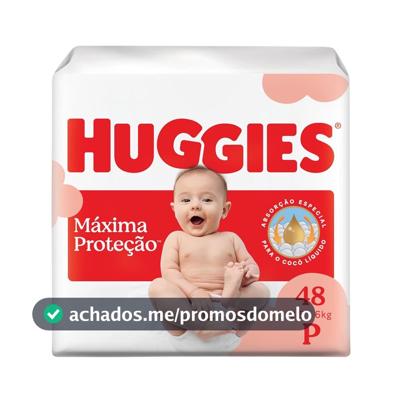 Fralda Descartável Huggies Máxima Proteção Tamanho P 48 unidades – com absorção especial para cocô líquido e indicador de troca.