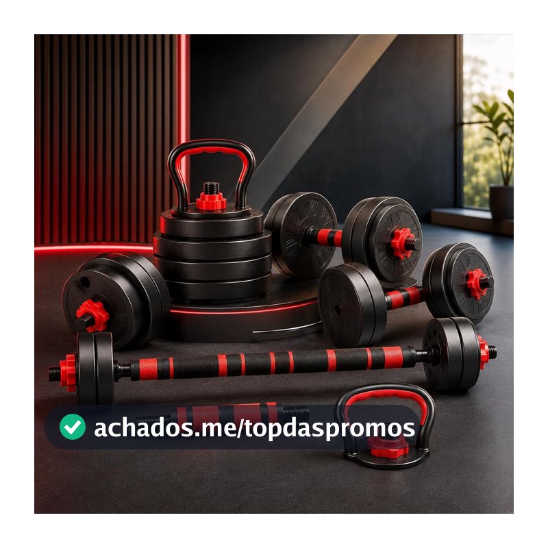 Kit Halteres Ajustável 6 em 1 15kg Multifuncional com Barra, Kettlebell e Suporte para Flexões