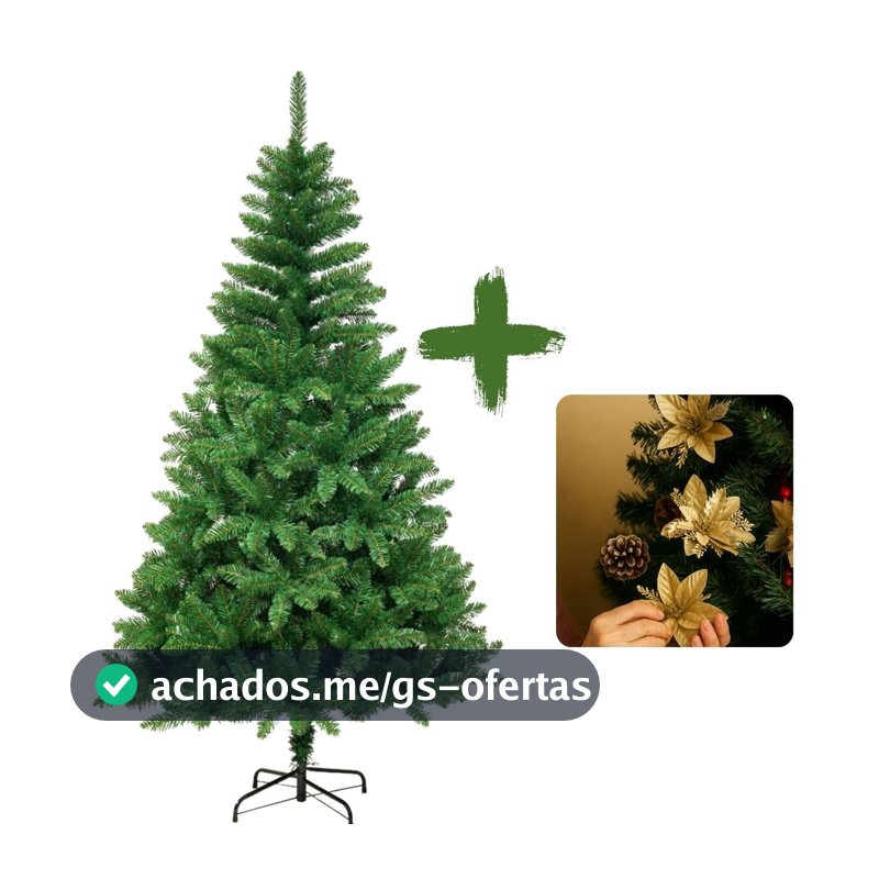 Árvore de Natal Tradicional, 2,10m, 1150 Galhos, com Flores Douradas Decorativas