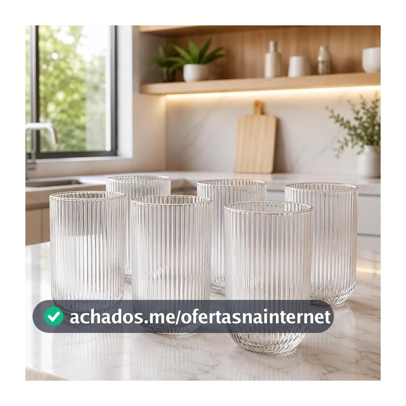 Kit 6 Copos de Vidro Canelado 420 ml com Borda Dourada para Água, Sucos e Drinks, Mesa Posta Elegante