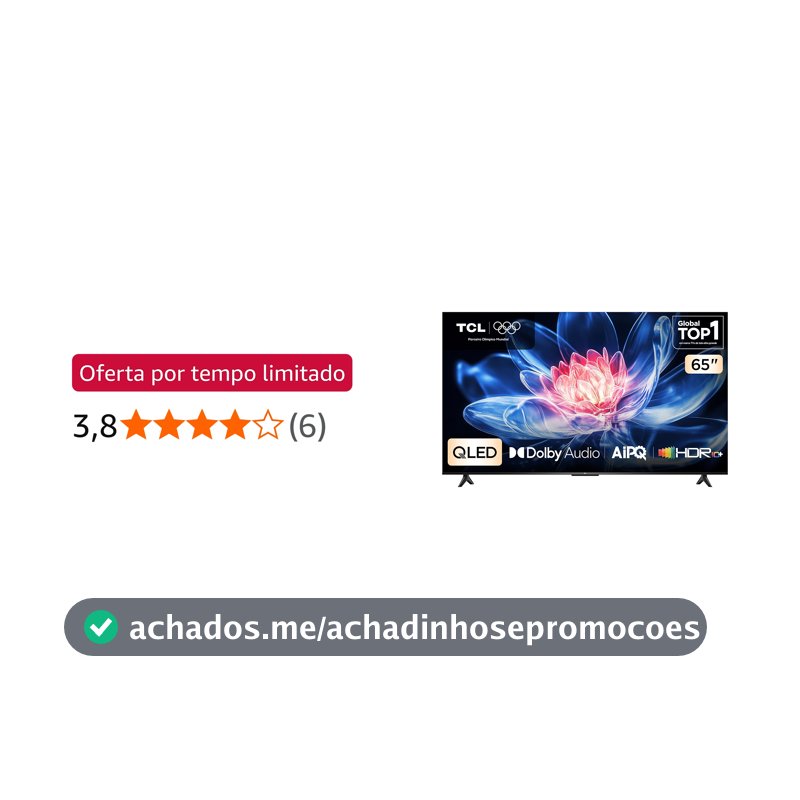 Smart TV TCL 65 Polegadas QLED 4K T6C WiFi Bluetooth Google TV Tela HVA e HDR10+ 65T6C