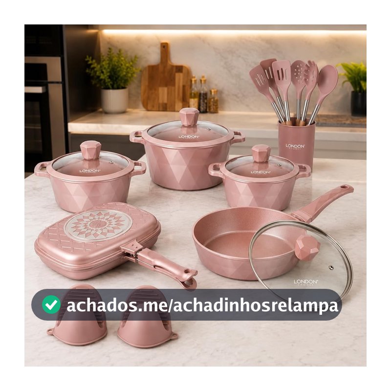 Conjunto de Panelas Cerâmica 17 Peças Rosé Gold Indução Gás Kit Completo Antiaderente Luxo
