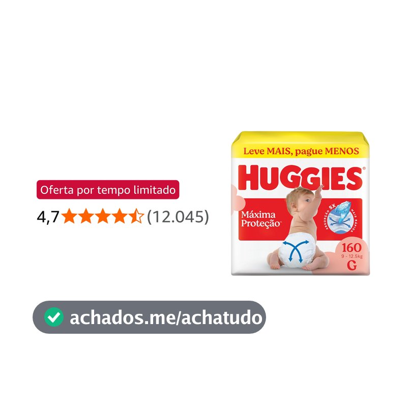 Fralda Descartável Huggies Máxima Proteção Tamanho G 160 unidades – aberta com tecnologia Xtra-Flex, canais em X que se adaptam aos movimentos e máxima proteção