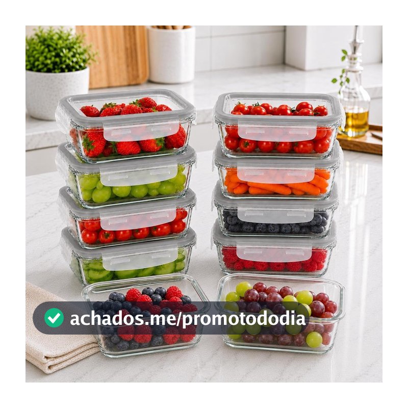 Kit 10 Potes de Vidro 640ml Com Tampa Hermético Marmita Fitness Bpa Free Transparente Micro-ondas Forno Geladeira Freezer Resistente Vedação 4 Travas Silicone Refratário
