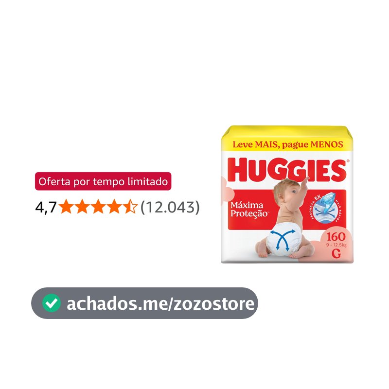 Fralda Descartável Huggies Máxima Proteção Tamanho G 160 unidades – aberta com tecnologia Xtra-Flex, canais em X que se adaptam aos movimentos e máxima proteção