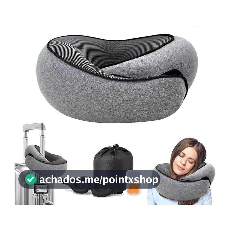 Travesseiro de Viagem 360° Ajustável Ergonômico Suporte Duplo para Cabeça e Pescoço – Espuma de Memória Portátil com Sacola, Máscara de Dormir e Protetor Auricular – Perfeito para Avião, Carro, Trem