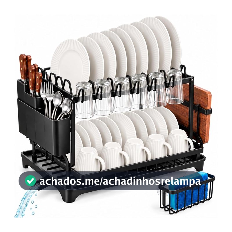 Decolab Escorredor de Louça 2 Andares Aço Inox Porta-Esponja Preto
