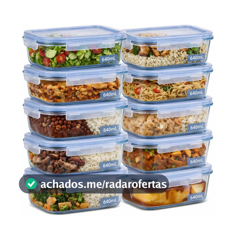 Kit 10 Potes de Vidro Borossilicato 640ml Herméticos com 4 Travas Ideal para Marmitas e Conservação de Alimentos, Vedação Total, Refratário para Forno e Freezer