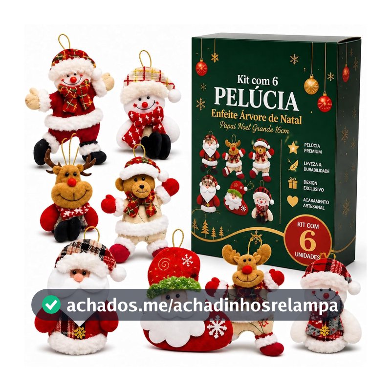 Kit 6 Enfeites Papai Noel Pelúcia para Árvore de Natal