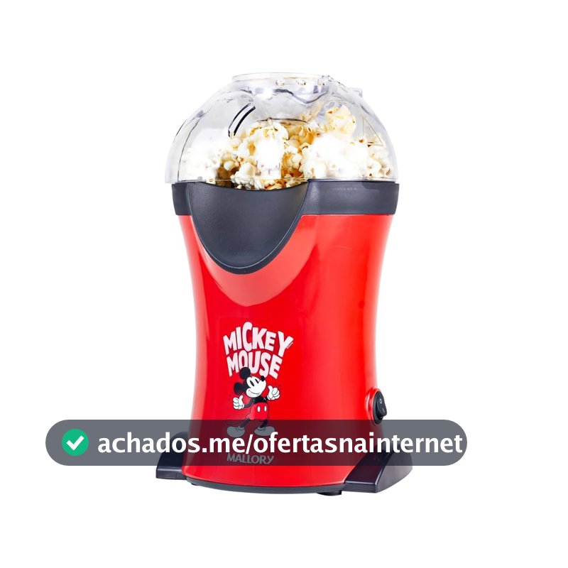Pipoqueira Elétrica Mallory Mickey Mouse – Pipocas Sequinhas e Sem Óleo, Bocal Expedidor, Copo Medidor para Manteiga e Pés Antiderrapantes - 127V