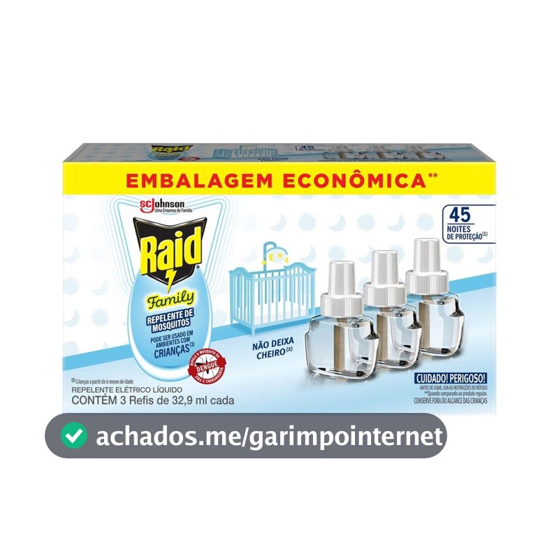 Raid Repelente Eletrico Líquido Family, 45 Noites de Proteção, 3 Refis