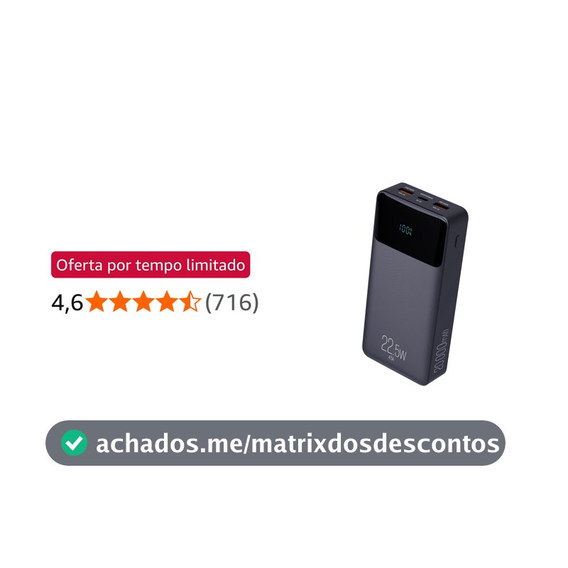 Power Bank Pro 20000mAH, Bateria Portátil Universal, Carga Rápida, Display Indicador, Entradas Micro USB e USB-C, 2 Portas USB-A, Preto, PB200BK, ELG