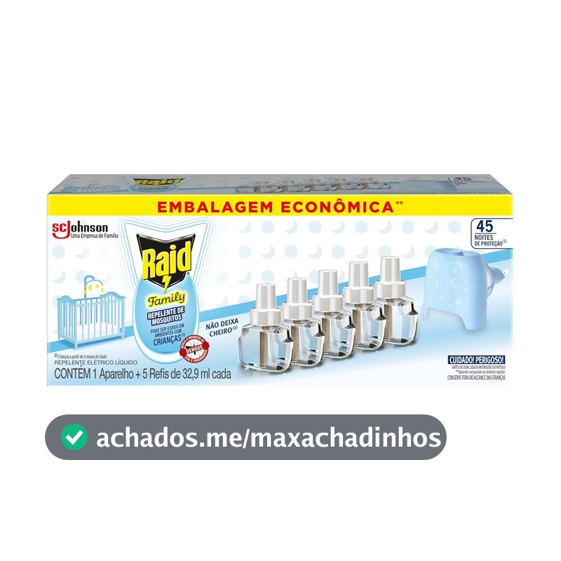 Raid Repelente Elétrico Líquido Family 45 Noites, Aparelho e 5 Refis 32,9ml