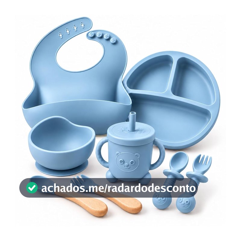 Kit Introdução Alimentar Bebê 8 Peças Silicone Ventosa e Talheres (Azul)