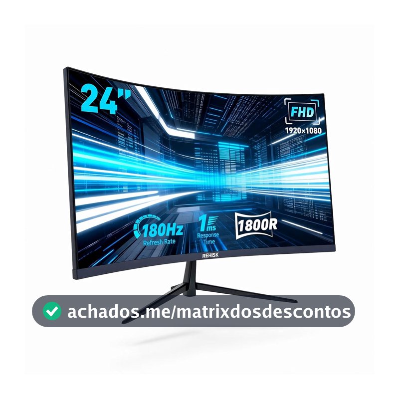 Monitor Gamer Curvo 24” FHD 180Hz 1ms, Tela 1800R, FreeSync e G-Sync Compatível, Alto-Falantes Integrados, HDMI 2.0, DP 1.4, VESA e Luz Azul