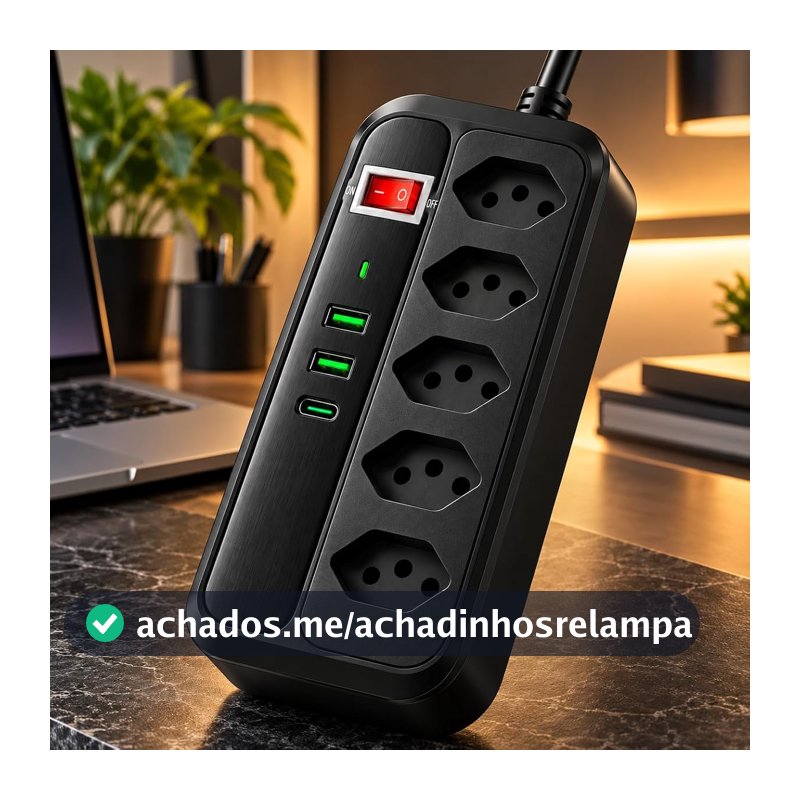Extensão Elétrica 5 Tomadas com 2 Entradas USB, e 1 USB-C, Filtro de Linha com Interruptor Liga e Desliga e Cabo, Régua de Tomadas para Casa, Escritório e Eletrônicos