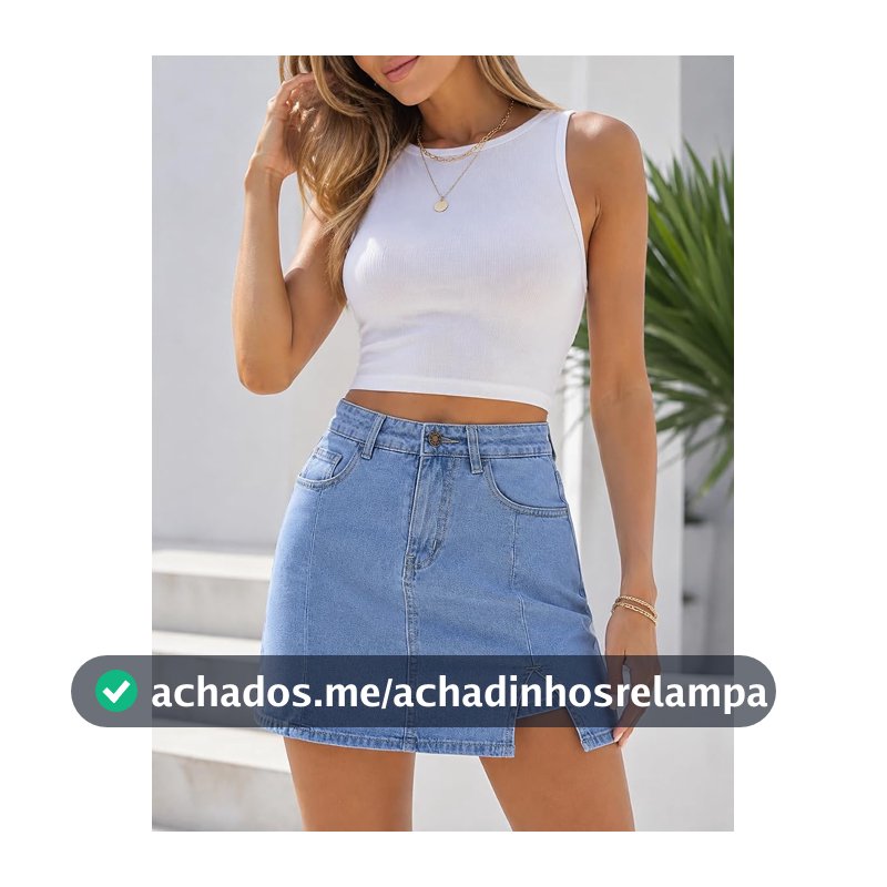 Minissaia jeans feminina de cintura alta, saia jeans curta com fenda lateral e bolsos