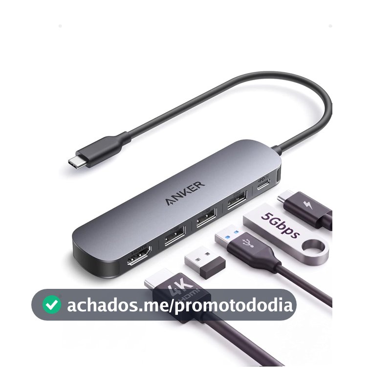 Anker Hub USB-C 5 em 1, HDMI 4K@30Hz, 2 USB, 5Gbps USB 3.0 e USB-C PD 100W