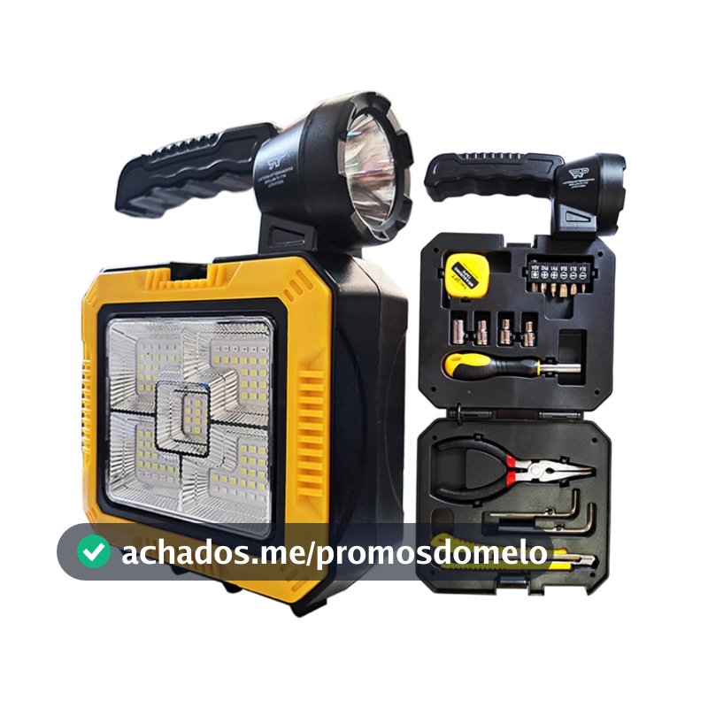 Lanterna LED Multifuncional Recarregável Solar e USB - Holofote de Emergência + Power Bank e Kit Ferramentas Completo