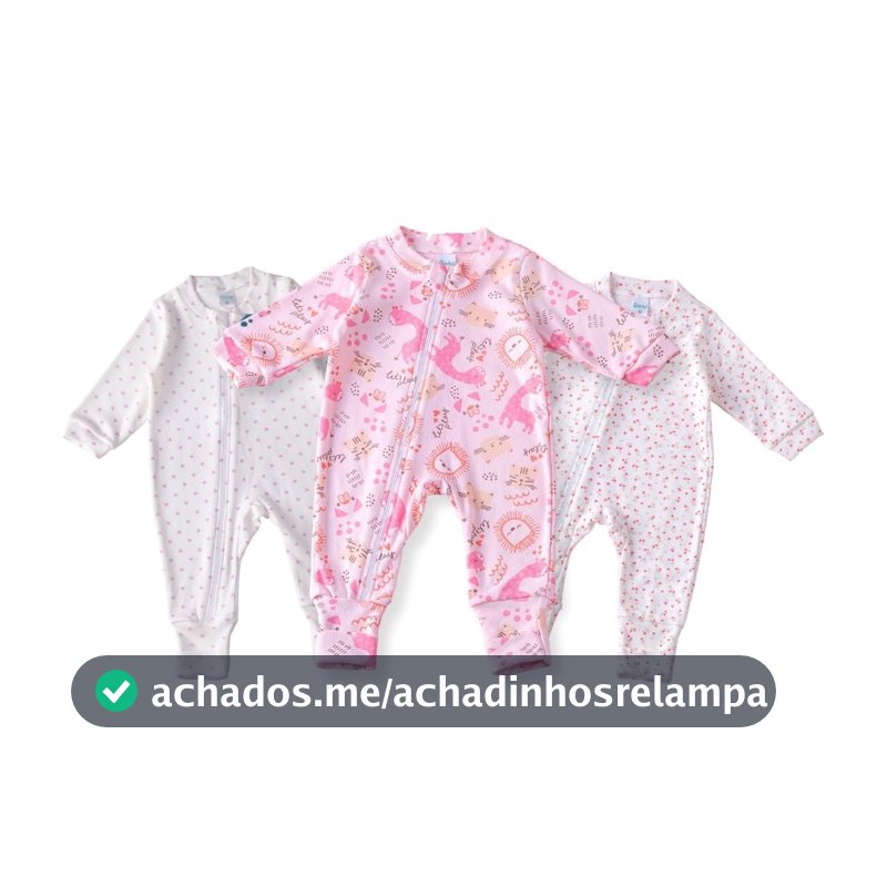 Kit 3 Macacão Bebê Amore Vira Pé com Zíper Menina (100% Algodão)