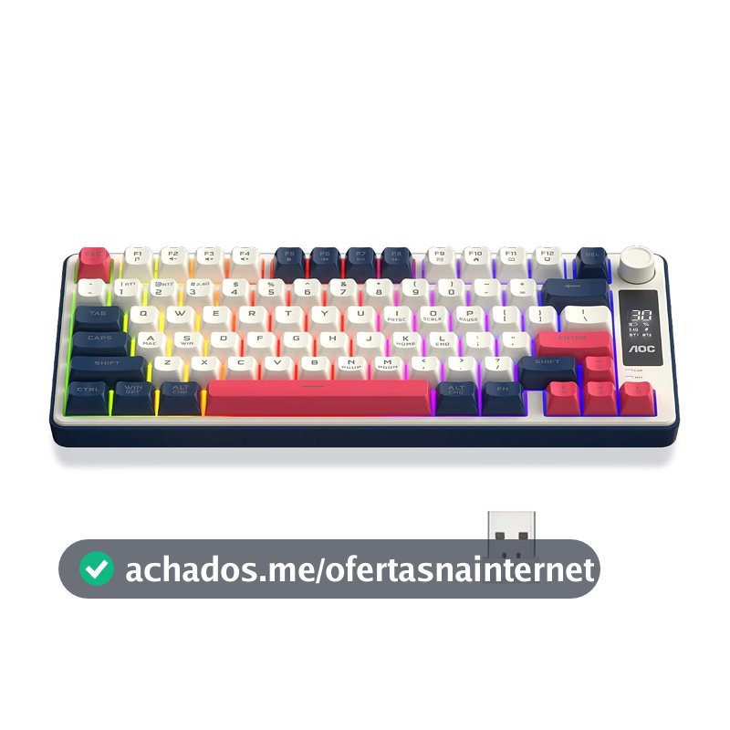 AOC GK280 Teclado sem fio 70%, Bluetooth Trimodo /2.4 GHz/USB-C, Teclado Gamer RGB LED Rainbow, Ideal para Jogos e Digitação, Ergonômico, Bateria Recarregável
